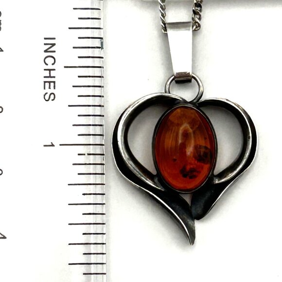 Vintage Baltic Amber Heart Pendant Necklace Sterling Silver 925 17” Chain - Picture 5 of 15